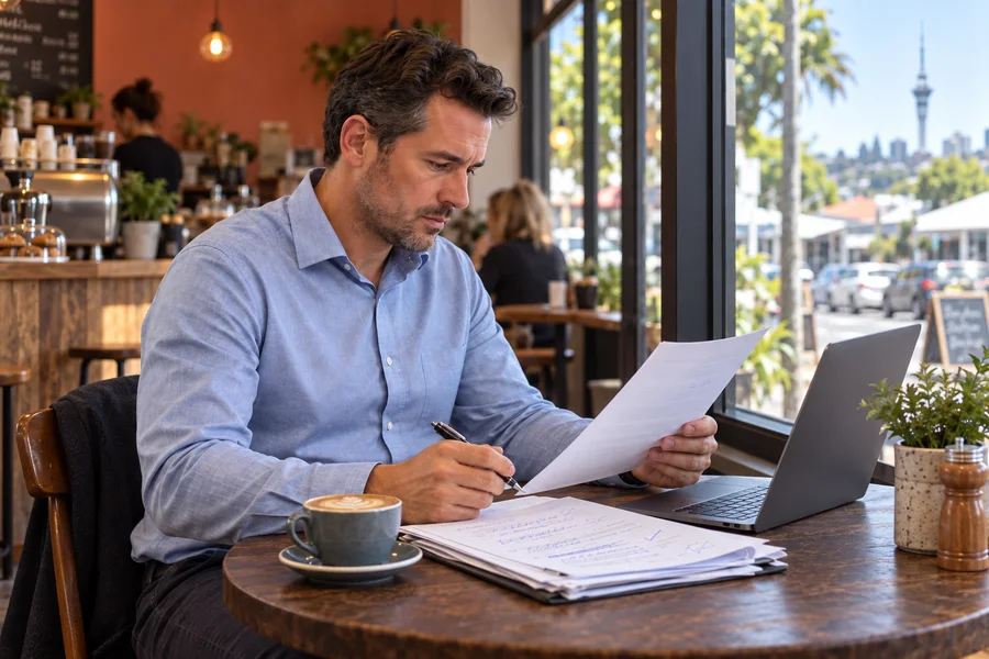 Illustrative scene of a professional reviewing business records in a coffee shop