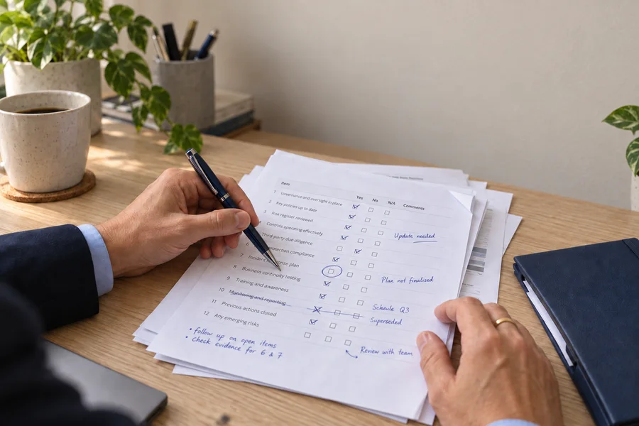 Illustrative close-up of an adviser identifying gaps in an audit checklist