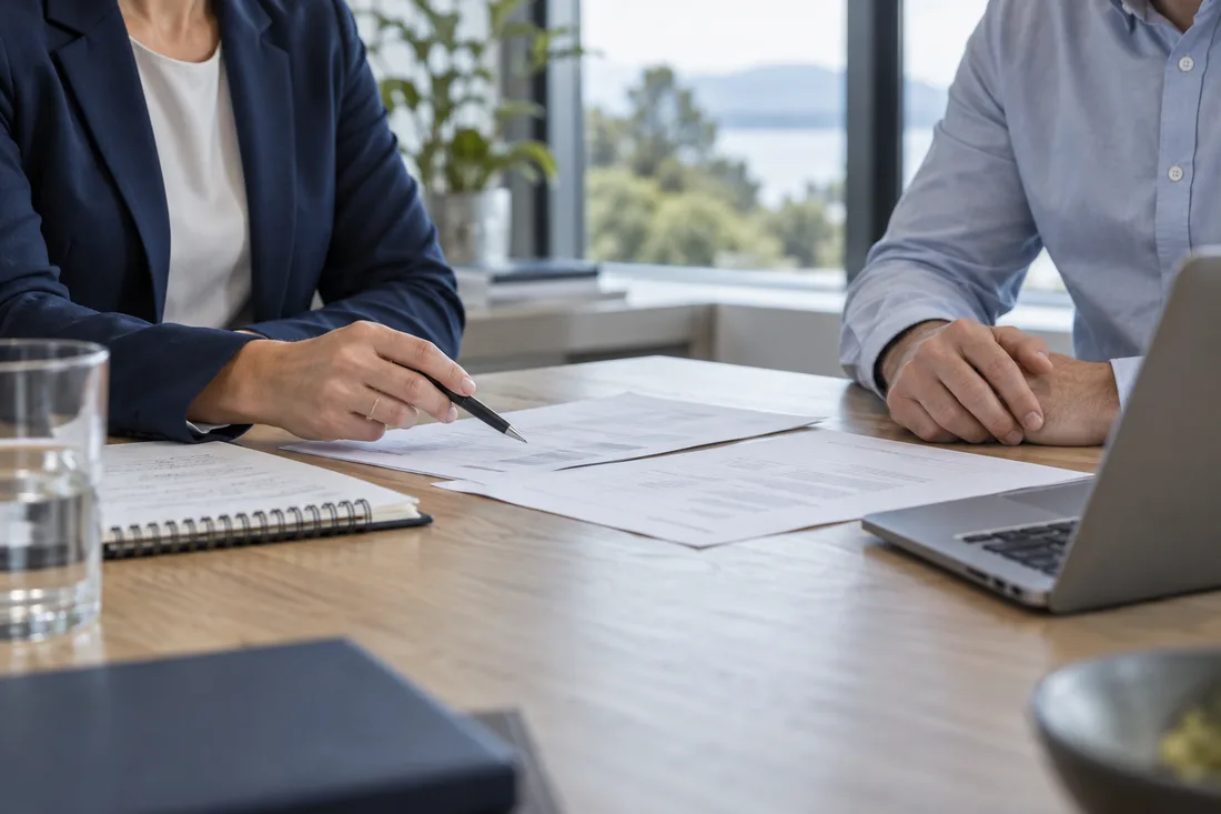 Illustrative scene of two professionals reviewing paperwork together